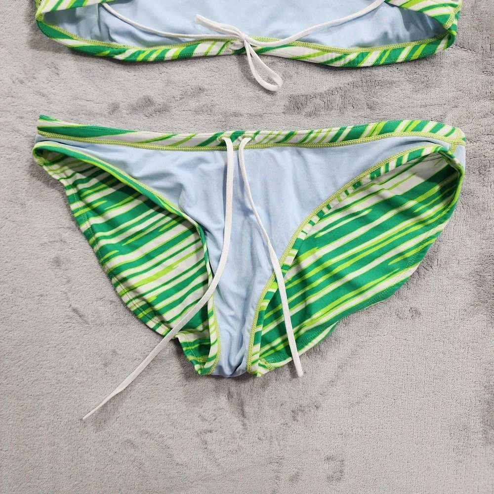 Nike Bikini Swimsuit Womens 36/10 Green Stripe 2 Piece Athletic Stretch Beach